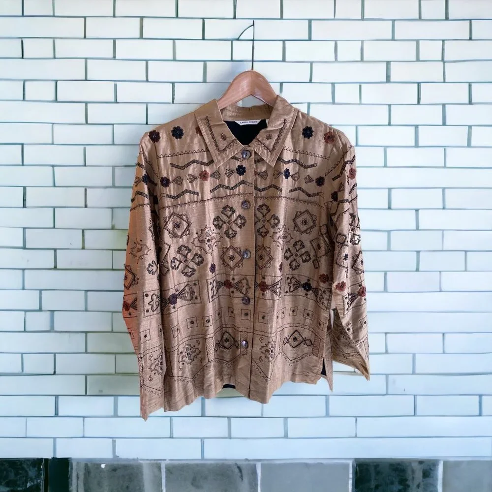 Laura Ashley Victorian Jewels Silk Embroidered Lined Jacket Womens Medium Brown